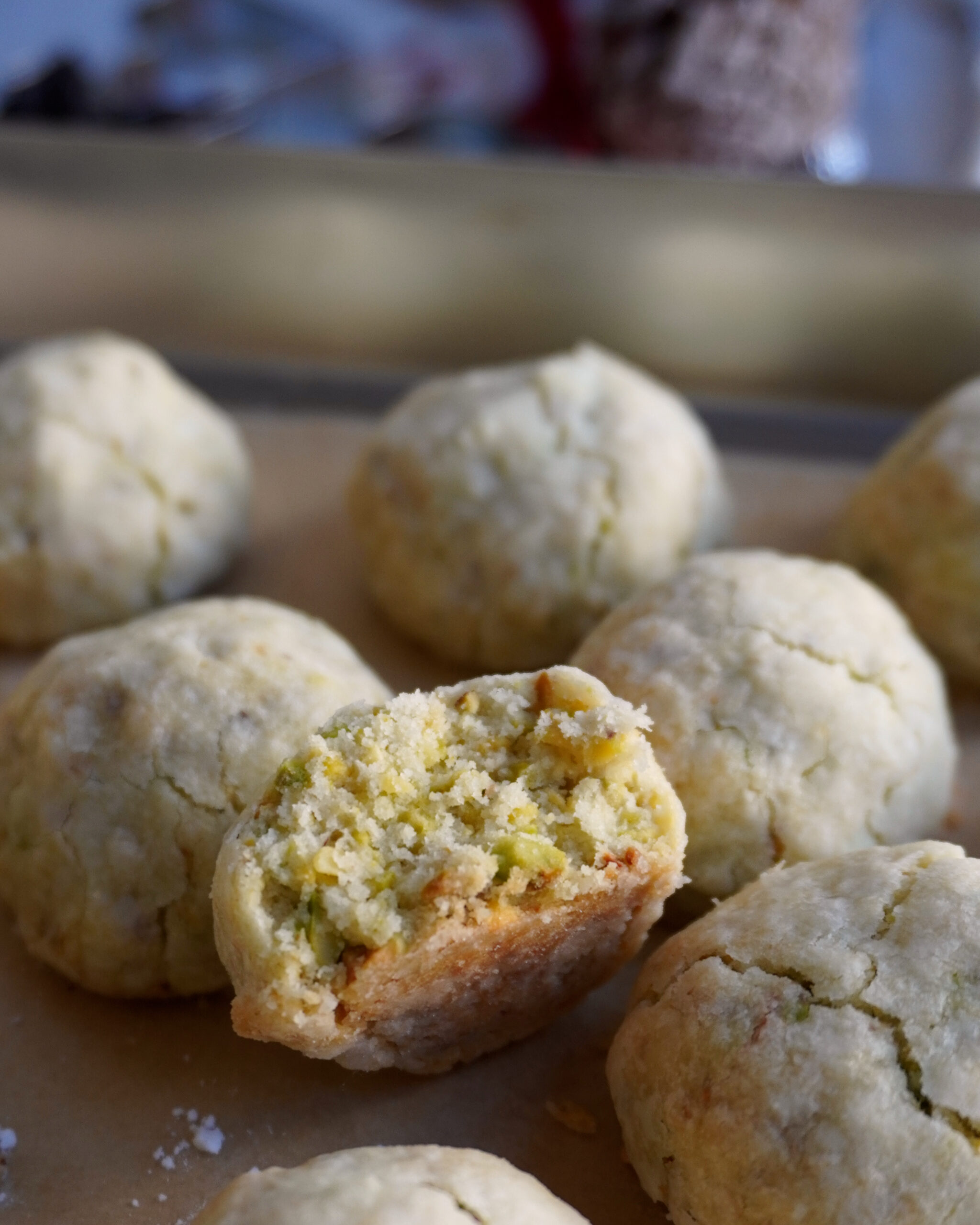 Pistachio Paste Stuffed, Pistachio Snowball Cookies - A Little Spoon